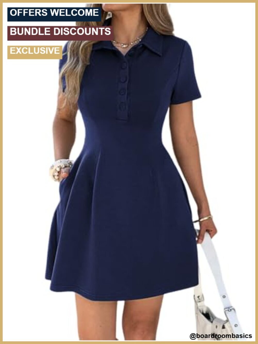 Women's Polo Collared Button Down Flare Mini Dress with Pockets